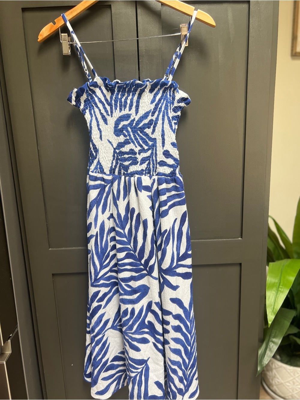 H&M Blue and White Smocked Off-Shoulder Dress